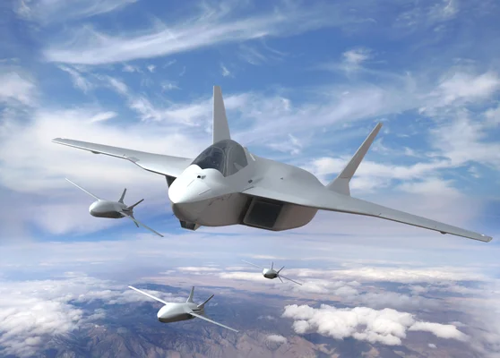 Illustration conceptuelle du SCAF en vol avec des drones.