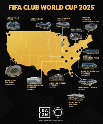 Carte des stades hôtes de la Coupe du Monde des Clubs de la FIFA 2025 aux États-Unis.