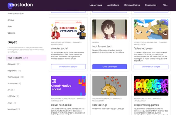 Annuaire des serveurs Mastodon, illustrant la diversité des communautés fédérées.