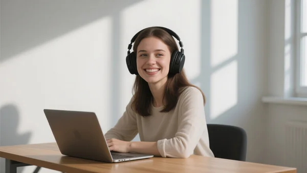 Jeune femme souriante portant un casque audio circum-auriculaire noir, assise à un bureau avec un ordinateur portable, lumière naturelle venant d'une fenêtre, ambiance cosy et décontractée