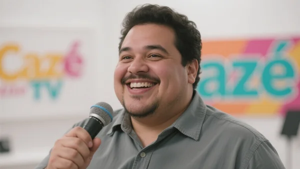 Gros plan sur le visage souriant et joufflu de Casimiro Miguel, micro à la main, fond flou d'un studio aux couleurs vives, expression complice et décontractée, intention éditoriale : incarner le ton irrévérencieux et proche des jeunes qui fait le succès de CazéTV.