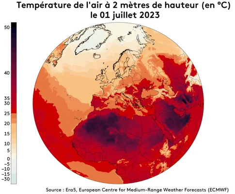 Carte des températures à 2 mètres le 1er juillet 2023 en Europe et Afrique du Nord, illustrant les vagues de chaleur estivales.