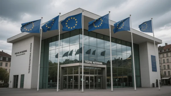 Façade du Théâtre National de Strasbourg sous un ciel nuageux, entrée moderne en verre et acier, drapeaux aux couleurs de l'Union européenne devant le bâtiment