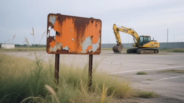 Premier plan d'un panneau de chantier rouillé sur un terrain vague avec des herbes folles, un bulldozer à l'arrêt au loin, ciel gris