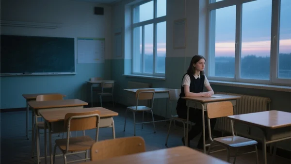 Salle de classe d'un lycée presque vide avec des chaises et des pupitres, lumière tamisée, ambiance mélancolique