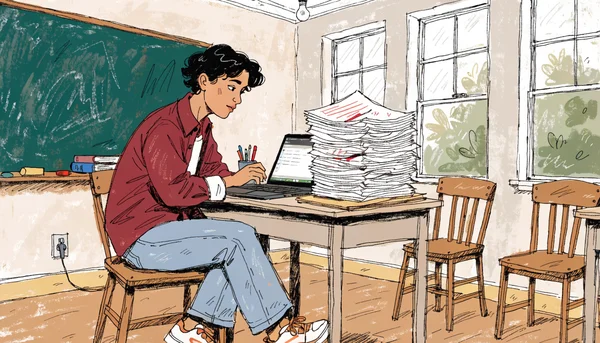 Professeur dans une salle de classe, une pile de copies numérisées sur un bureau, un ordinateur portable ouvert affichant l'interface d'un logiciel de correction, l'enseignant regarde l'écran d'un air concentré et dubitatif, plan moyen.