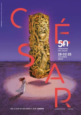Affiche des 50e César avec un monolithe doré et une femme en robe blanche sur un paysage violet.