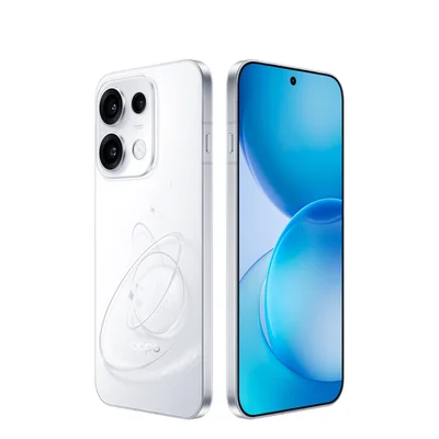 OPPO Reno 16 Pro blanc, double vue montrant le dos et l'écran avant