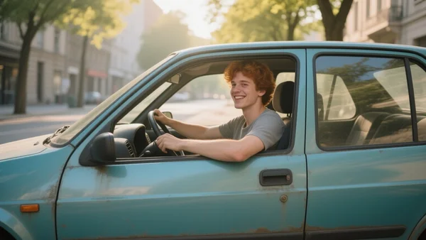 Jeune conducteur souriant au volant d'une petite citadine d'occasion garée en ville, lumière naturelle du matin