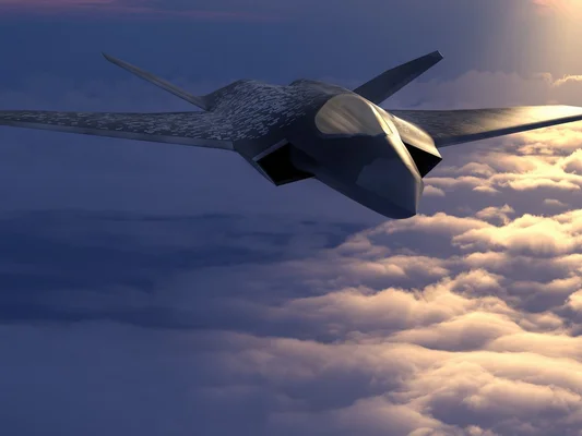 Rendu numérique d'un avion de combat furtif futuriste.