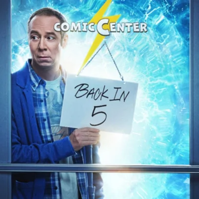 Affiche promotionnelle de 'Comic Center' avec David Kross et le panneau 'BACK IN 5'.