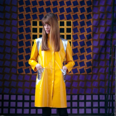 Françoise Hardy dans un imperméable jaune devant un fond géométrique.
