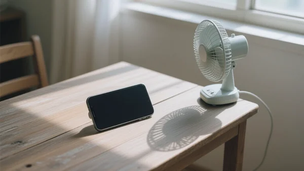 Smartphone posé sur une table en bois dans une pièce ombragée, coque retirée à côté, écran éteint, ventilateur de bureau orienté vers l'appareil. L'intention est d'illustrer les gestes simples et gratuits de refroidissement recommandés par iFixit, ton rassurant et pratique.