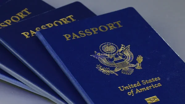 Passeports américains standards, avec le sceau officiel et les inscriptions dorées.