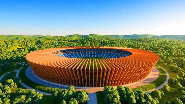 Stade à l'architecture durable en bois, entouré d'une forêt luxuriante, illustrant des normes écologiques innovantes.