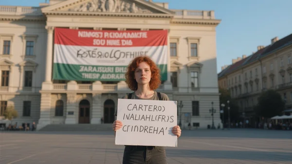 Foule de manifestants sur une place de Budapest tenant des pancartes, devant un bâtiment néoclassique avec une banderole en hongrois, lumière de fin d'après-midi