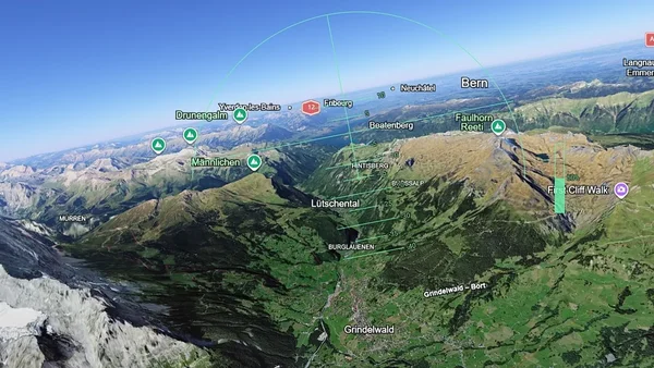 Vue aérienne des Alpes suisses avec trajectoire de vol sur Google Earth.