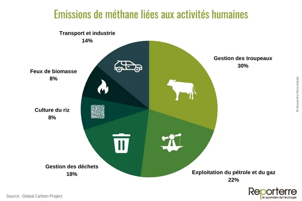 Répartition des émissions de méthane liées aux activités humaines par secteur.