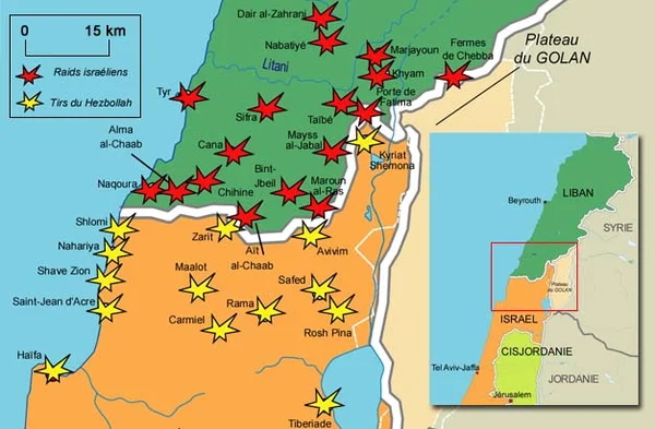 Carte des échanges de tirs entre le Hezbollah et Israël le long de la frontière libanaise.