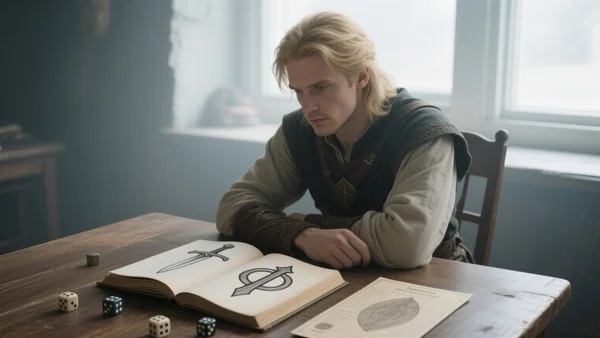 A lone player sitting at a table with dice and a character sheet, looking thoughtfully at a journal with a drawn sword and iron oath symbol. The scene captures the solo or cooperative play of Ironsworn, emphasizing independence and narrative-driven quests.