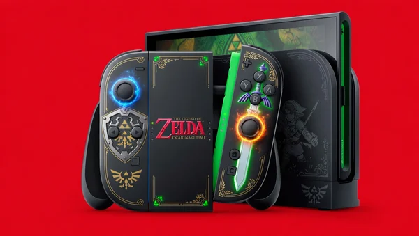 Console Switch personnalisée Ocarina of Time avec Épée de Légende et Bouclier d'Hyrule.