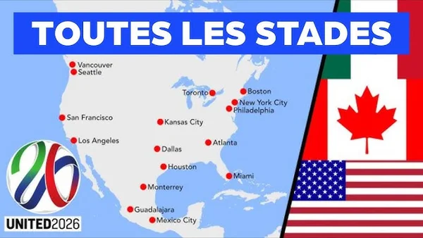 Carte des villes hôtes de la Coupe du Monde 2026 avec les drapeaux des trois pays organisateurs.