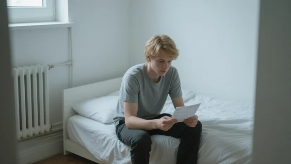 Jeune homme dans un petit studio, regardant une facture d'électricité, assis sur le bord d'un lit défait, pièce modeste avec un radiateur, ambiance sobre, vue en plan américain