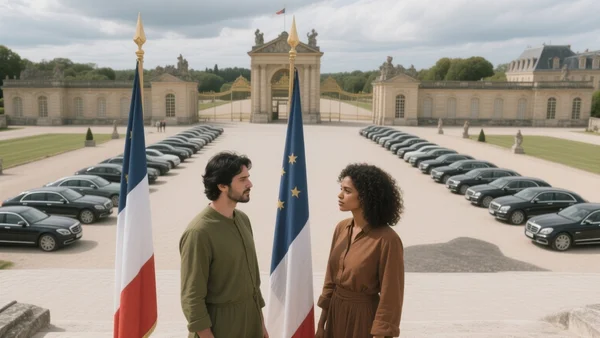 Vue aérienne du château de Versailles avec des voitures officielles et des drapeaux devant l'entrée, ciel nuageux