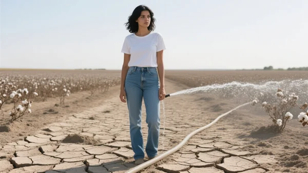 Jeune femme en jean et t-shirt blanc debout devant un champ de coton aride et fissuré, un filet d'eau coule d'un tuyau d'irrigation, contraste entre le vêtement propre et le sol sec