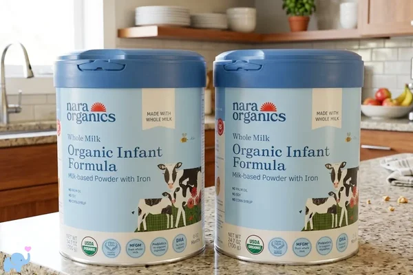 Deux boîtes de lait maternisé Nara Organics sur un plan de travail de cuisine.