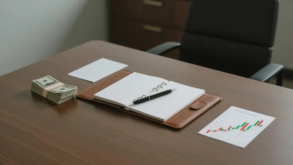 Vue en plongée d'un classeur ouvert et d'un stylo posé sur une table, à côté d'une liasse de billets de banque et d'un graphique boursier imprimé, dans un bureau feutré. L'image doit communiquer l'idée d'un projet fiscal complexe aux conséquences incertaines, avec une tonalité sérieuse et légèrement anxiogène.