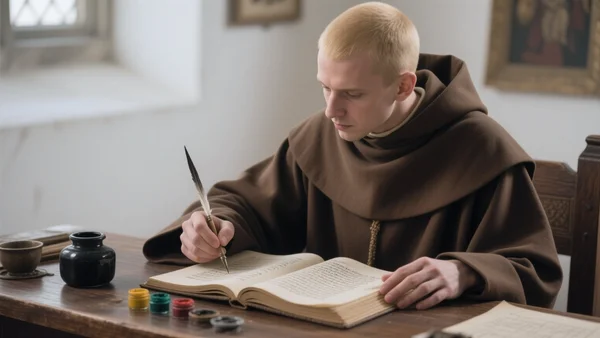 Moine en robe brune assis à un pupitre en bois dans un scriptorium, plume d'oie à la main, en train de calligraphier un manuscrit ouvert devant lui. À côté, un pot d'encre et des pigments. Vue en plan rapproché, concentrée sur ses mains et la page. L'image doit transmettre le travail patient et dévoué des copistes médiévaux.