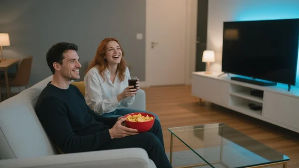 Deux amis assis sur un canapé devant une télévision, souriant, tenant des chips et des boissons, ambiance décontractée et chaleureuse d'un salon