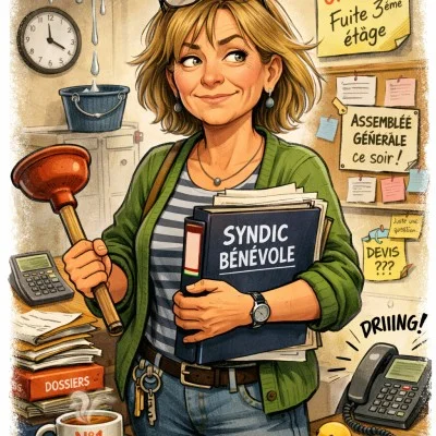 Illustration représentant les difficultés des syndics bénévoles, avec une femme tenant une ventouse et un classeur « SYNDIC BÉNÉVOLE », dans un décor de désordre et de bruit.