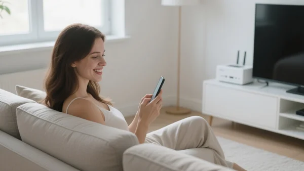 Jeune femme dans son salon, souriant en regardant son téléphone, une box internet blanche posée près de la télévision, lumière naturelle et décoration moderne