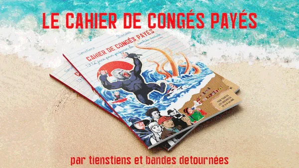 Promotion de la bande dessinée « Le Cahier de Congés Payés », sur fond de plage et de vagues.
