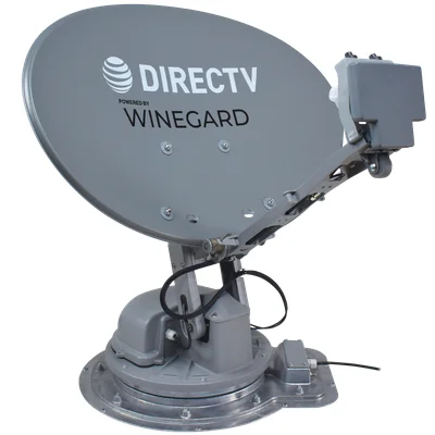 Antenne parabolique DIRECTV de Winegard, modèle Trav'ler Pro, avec détails mécaniques visibles.