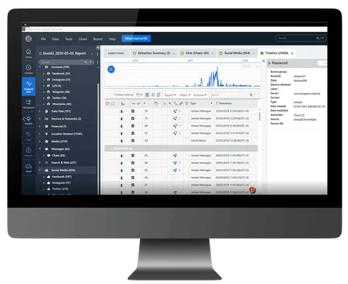 Interface du logiciel UFED Cloud Analyzer de Cellebrite pour la collecte de preuves sur les réseaux sociaux.