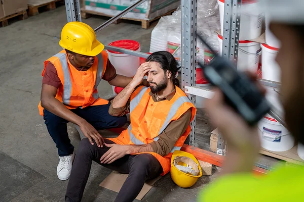 Scène d'accident du travail dans un entrepôt : un collègue secourt un travailleur en détresse.