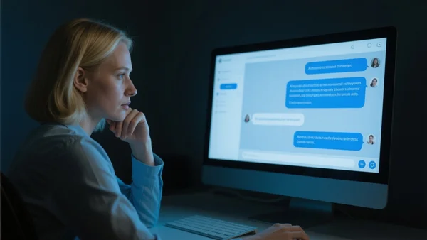 Personne assise devant un écran d'ordinateur affichant une interface de chat avec une IA, visage pensif éclairé par la lueur bleutée de l'écran, pièce sombre