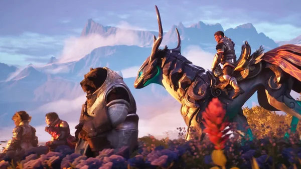 Illustration de Guild Wars 3 montrant des héros fantastiques sur fond de montagnes.