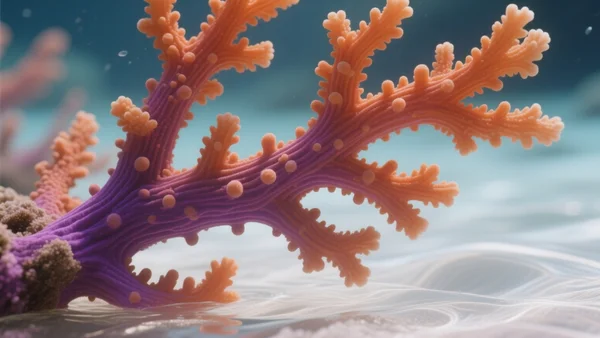 Gros plan sur une branche de corail dur aux couleurs vives (orange et violet) dans une eau claire, symbole de résistance thermique. L'intention éditoriale est d'illustrer les coraux « durs à cuire » capables de tolérer la chaleur, ton scientifique et optimiste.