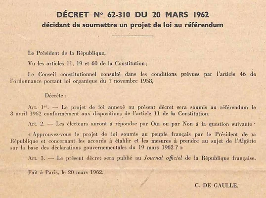 Décret n° 62-310 du 20 mars 1962 signé par Charles de Gaulle pour le référendum sur les accords d'Alger