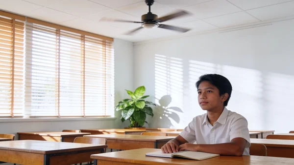 Brasseur d'air au plafond en rotation lente au-dessus de pupitres dans une salle de classe lumineuse, stores extérieurs baissés filtrant la lumière, plante verte dans un coin