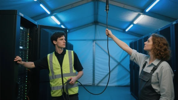 Travailleurs en gilets de sécurité installant des serveurs informatiques à l'intérieur d'une grande tente industrielle, câbles suspendus au plafond, lumières LED bleues