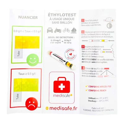 Éthylotest jetable Medisafe avec nuancier colorimétrique et instructions en français.