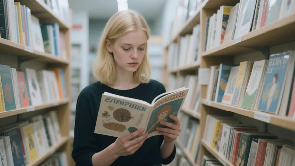 Jeune femme feuilletant un fanzine artisanal dans une librairie spécialisée à Tokyo, étagères remplies de petites publications colorées, lumière douce