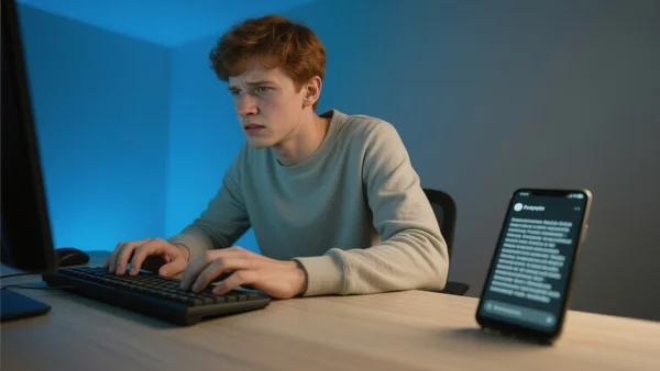 Jeune homme assis à un bureau, mains sur le clavier, expression tendue, un smartphone à côté avec un message en anglais visible, pièce faiblement éclairée, tons bleutés et gris