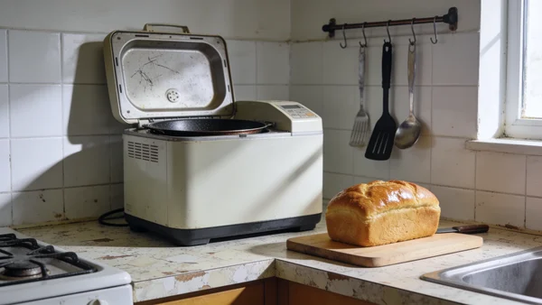 Machine à pain d'occasion sur un plan de travail, cuve antiadhésive visible, pain doré à côté, décor de cuisine étudiante modeste