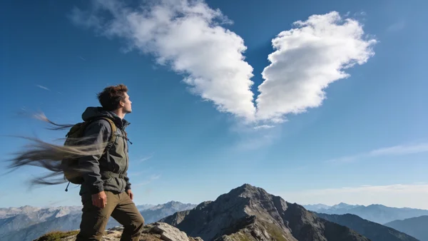 Randonneur seul au sommet d'une montagne, regardant un nuage blanc se divisant en deux parties distinctes dans un ciel bleu, vents forts suggérés par les vêtements qui flottent
